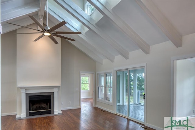 unfurnished living room with baseboards, high vaulted ceiling, wood finished floors, and beamed ceiling