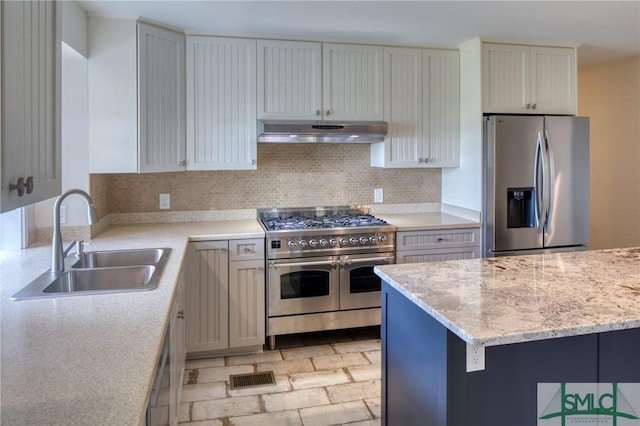 kitchen with visible vents, backsplash, appliances with stainless steel finishes, a sink, and under cabinet range hood