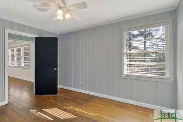 spare room with ceiling fan, a healthy amount of sunlight, and wood-type flooring