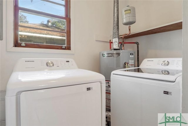 laundry area featuring gas water heater and washing machine and dryer