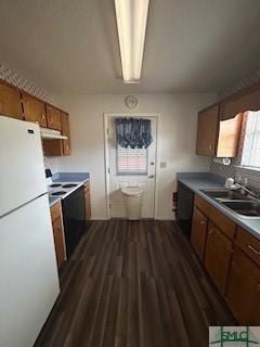 kitchen with sink, dark wood-type flooring, black dishwasher, electric range oven, and white refrigerator