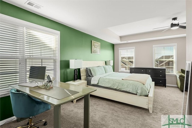 bedroom with ceiling fan and carpet floors