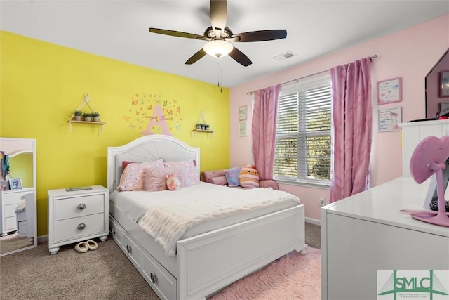 bedroom featuring carpet flooring and ceiling fan