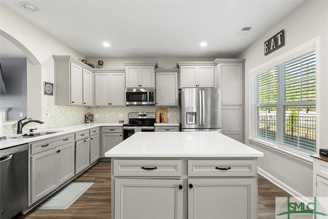 kitchen with decorative backsplash, gray cabinetry, stainless steel appliances, sink, and a center island