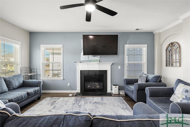 living room with ceiling fan and dark hardwood / wood-style flooring