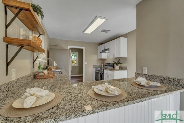 kitchen with kitchen peninsula, light stone countertops, sink, white cabinetry, and stainless steel electric range