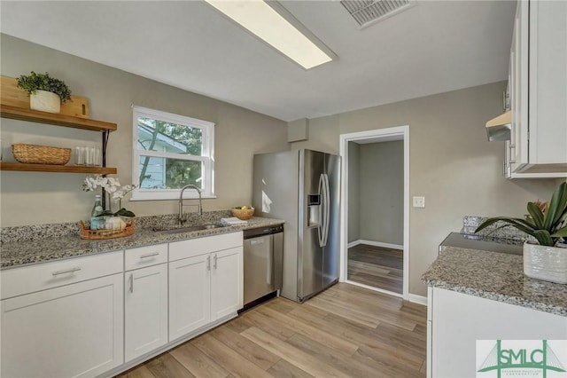 kitchen featuring white cabinets, sink, light hardwood / wood-style flooring, light stone countertops, and stainless steel appliances