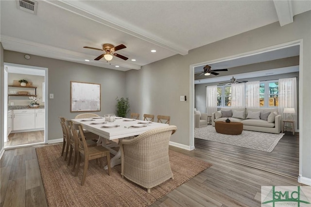 2052 E 42nd St, Savannah, GA 31404 - dining room featuring beamed ceiling, a ceiling fan, wood finished floors, and recessed lighting