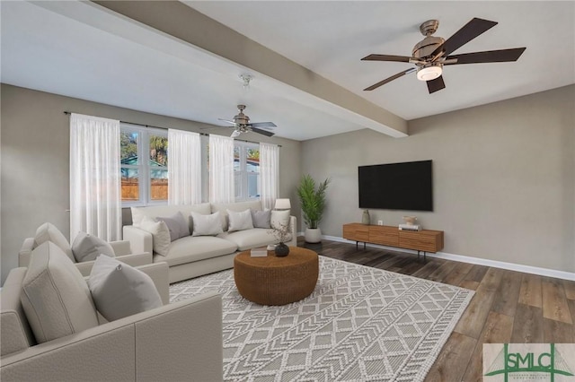 living room with beam ceiling, ceiling fan, and wood-type flooring