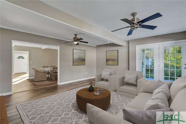 living room with ceiling fan and wood-type flooring