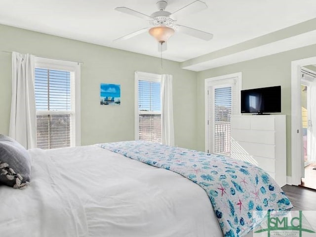 bedroom with hardwood / wood-style flooring, ceiling fan, and multiple windows