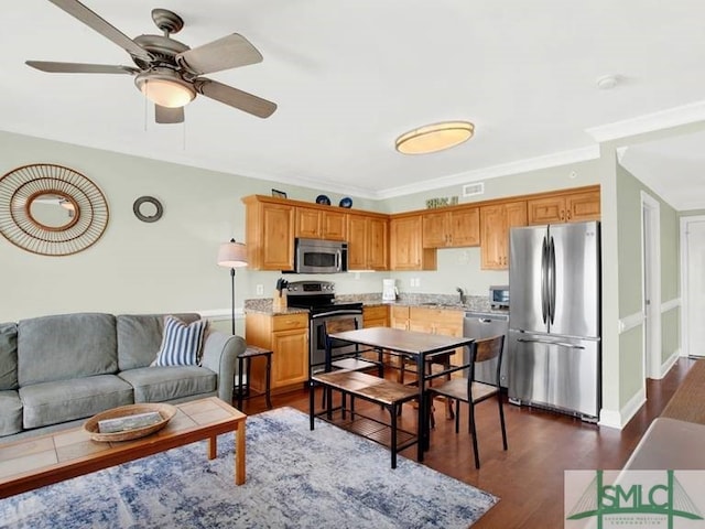 kitchen featuring ceiling fan, dark wood-type flooring, stainless steel appliances, and ornamental molding