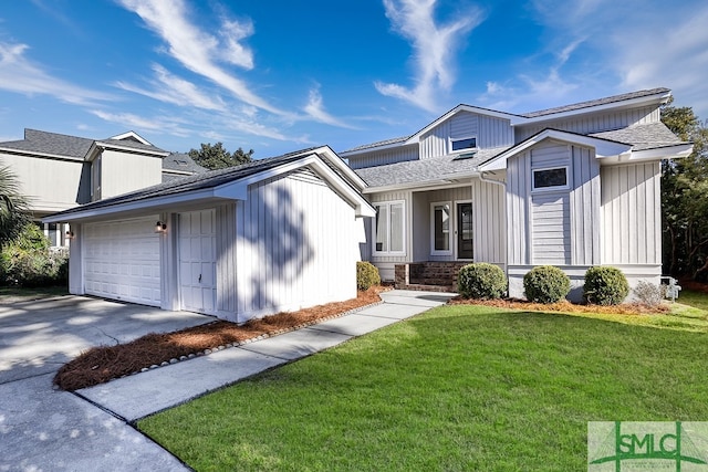 modern farmhouse style home featuring driveway, a shingled roof, an attached garage, board and batten siding, and a front yard