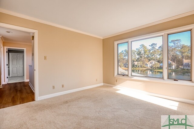 carpeted empty room featuring crown molding and a water view