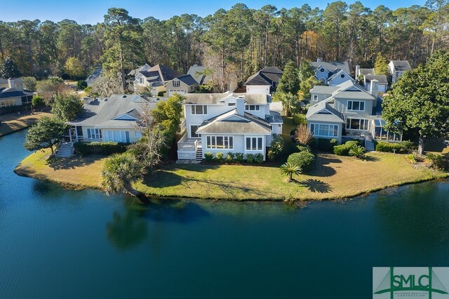 drone / aerial view with a water view