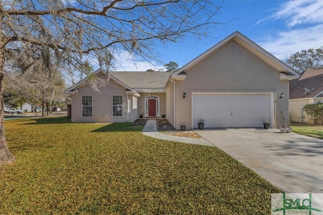 ranch-style house with a garage and a front lawn