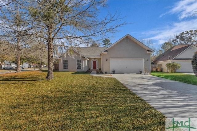 ranch-style house with a front yard and a garage