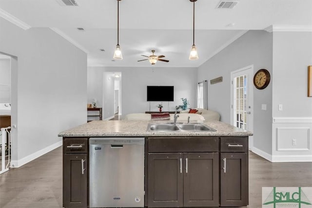 kitchen with dark brown cabinetry, sink, stainless steel dishwasher, and ceiling fan