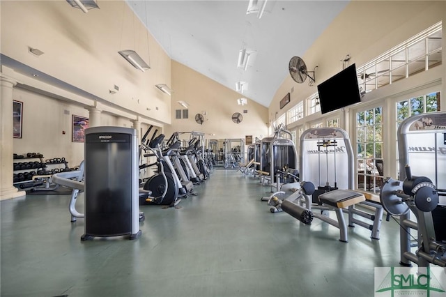 exercise room featuring high vaulted ceiling