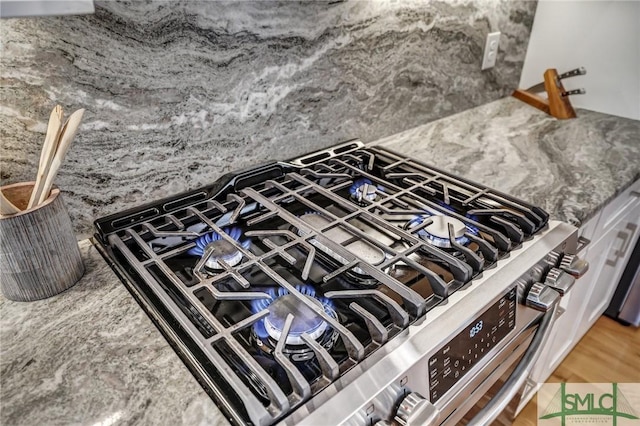 details with stainless steel gas range oven and backsplash