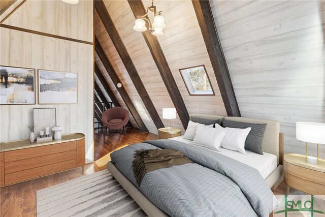 bedroom featuring dark wood-type flooring, wood walls, a chandelier, and vaulted ceiling with beams