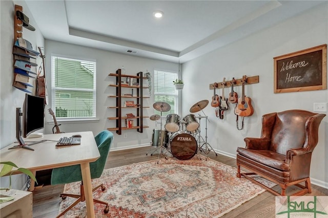 office featuring a tray ceiling and hardwood / wood-style floors