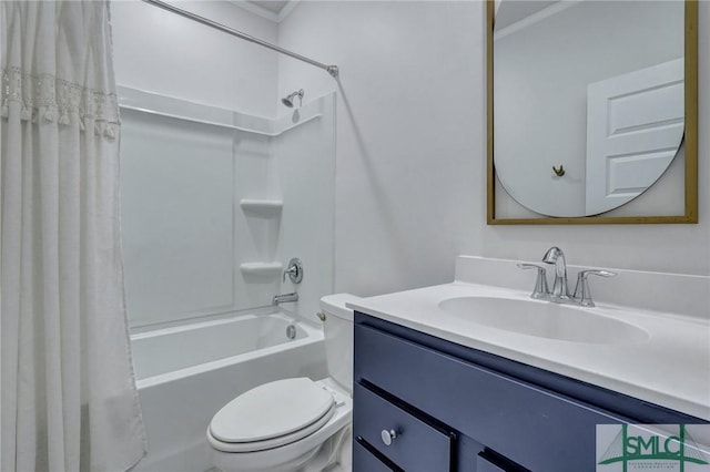 full bathroom featuring vanity, shower / tub combo, and toilet