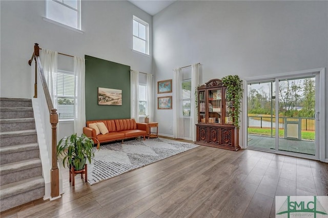 entrance foyer featuring a wealth of natural light, wood-type flooring, and a high ceiling