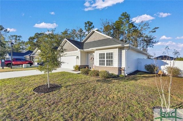 ranch-style house featuring a garage and a front lawn