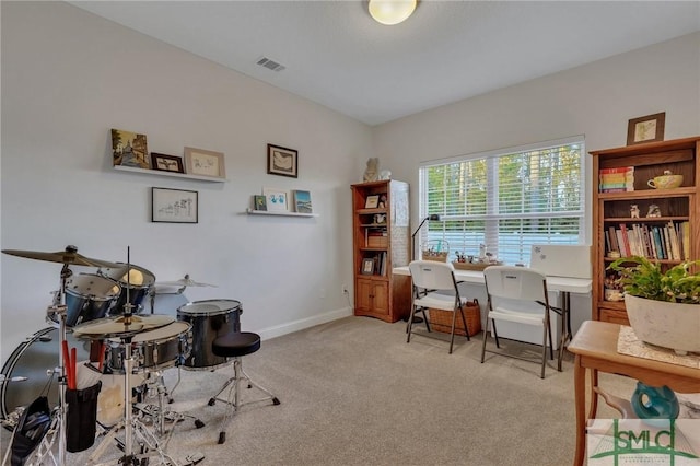 home office with light colored carpet