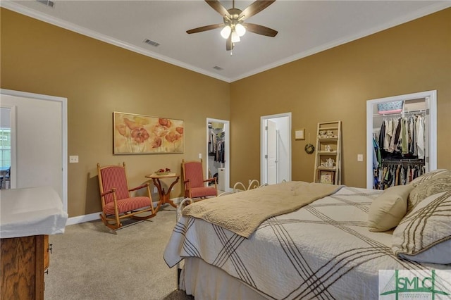 bedroom featuring carpet flooring, ceiling fan, a walk in closet, and crown molding