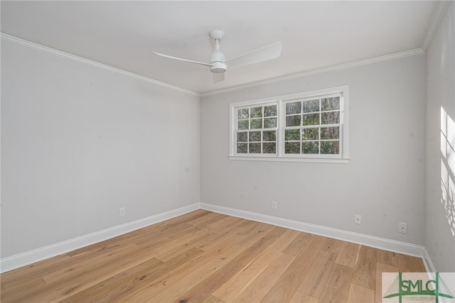 unfurnished room with ceiling fan, light hardwood / wood-style floors, and crown molding