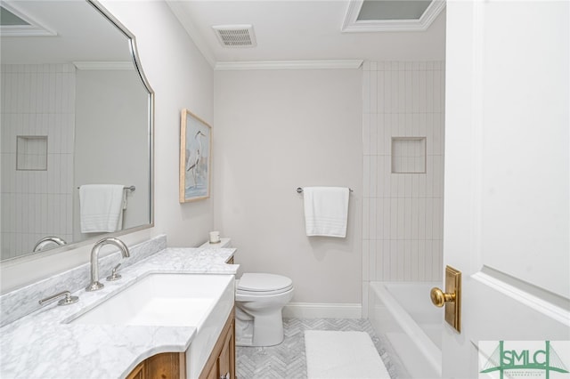 bathroom featuring vanity, toilet, and crown molding