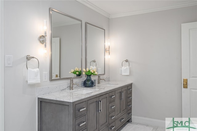 bathroom with vanity and ornamental molding