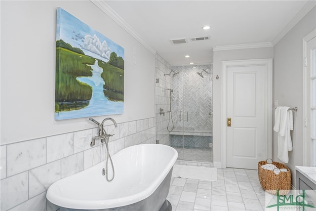 bathroom with separate shower and tub, crown molding, and tile walls