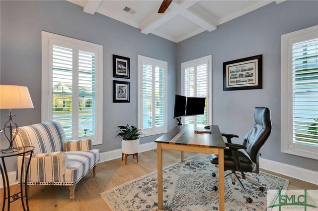 office space featuring beam ceiling, ceiling fan, coffered ceiling, and hardwood / wood-style flooring