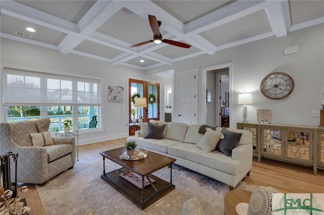 living room featuring beamed ceiling, light wood-type flooring, and coffered ceiling