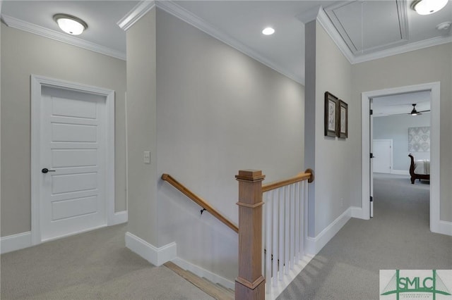 hallway with light colored carpet and ornamental molding