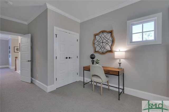 carpeted office space with crown molding