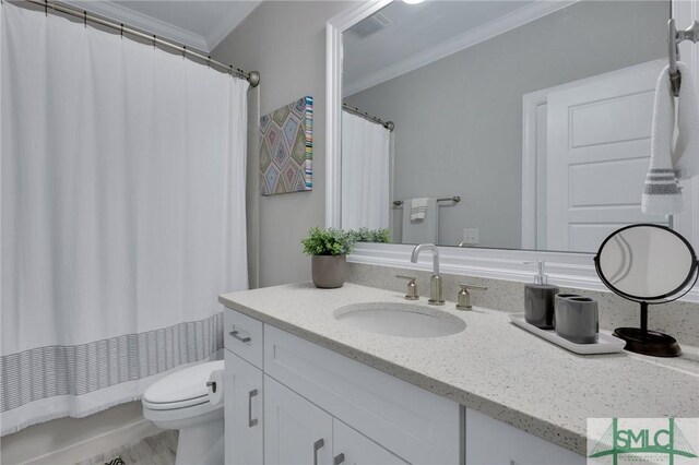 bathroom featuring toilet, vanity, and ornamental molding