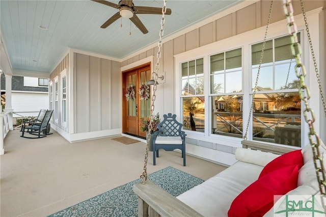 exterior space with covered porch and ceiling fan