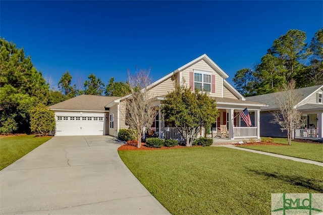 view of front of property with a garage, covered porch, and a front lawn