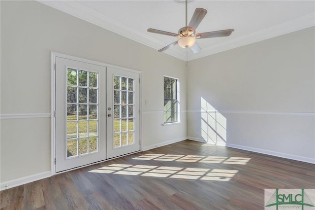 interior space featuring crown molding, ceiling fan, french doors, and dark wood-type flooring