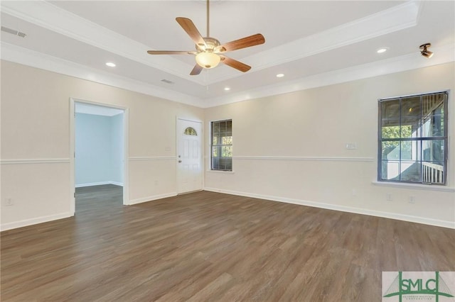 spare room featuring a raised ceiling, plenty of natural light, dark wood-type flooring, and ceiling fan