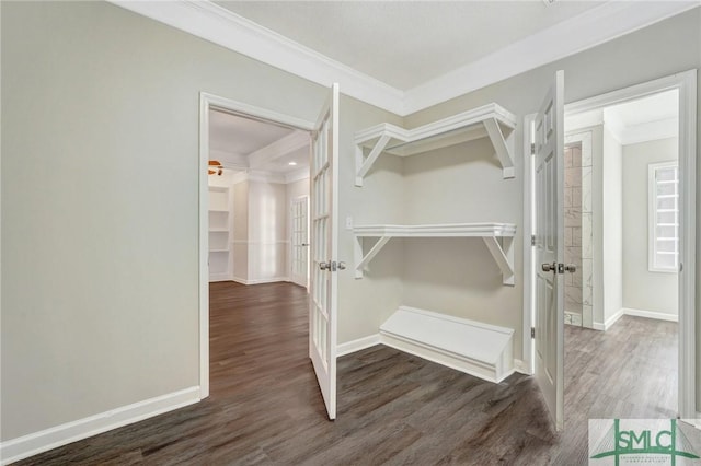 walk in closet with dark hardwood / wood-style floors and ceiling fan