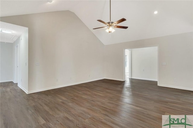 unfurnished living room with dark hardwood / wood-style flooring, high vaulted ceiling, and ceiling fan