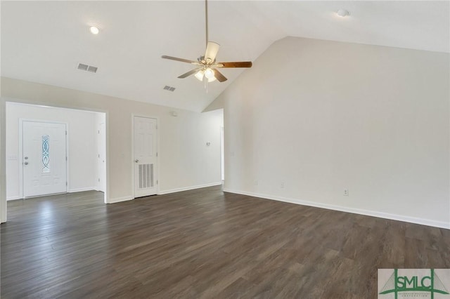 unfurnished living room featuring ceiling fan, high vaulted ceiling, and dark wood-type flooring