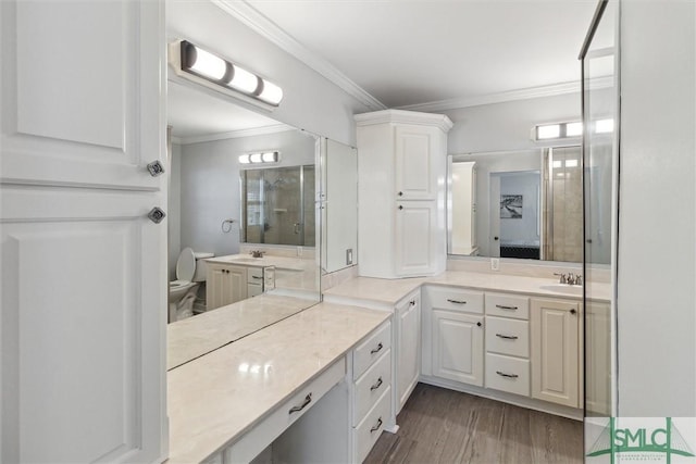108 Dawson Ln, Ludowici, GA 31316 - bathroom with wood-type flooring, vanity, toilet, and ornamental molding