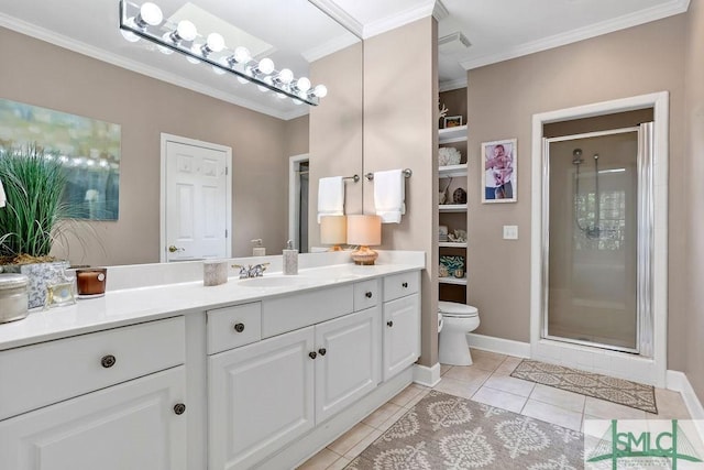 bathroom featuring vanity, a shower with door, crown molding, tile patterned flooring, and toilet