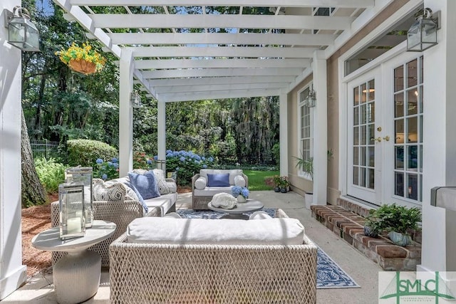 view of patio / terrace with french doors, a pergola, and an outdoor living space